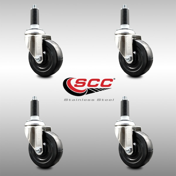 4 Inch 316SS Hard Rubber Wheel Swivel 1-1/8 Inch Expanding Stem Caster Set SCC